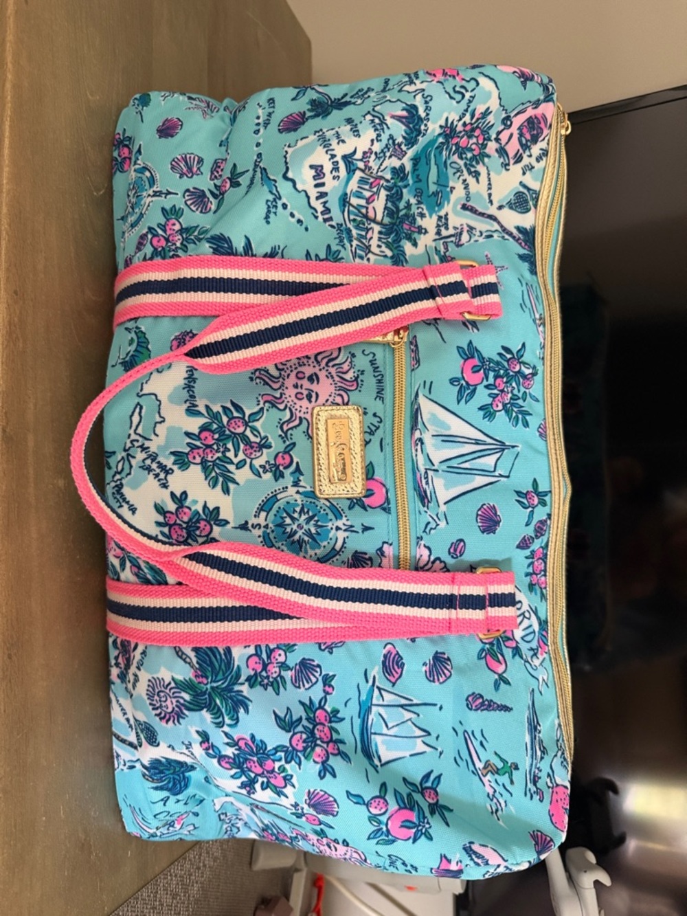 Lilly Pulitzer Turquoise Floral Map Travel Tote with Pink & Navy Striped Handles